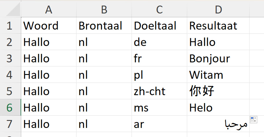 vertalen in excel